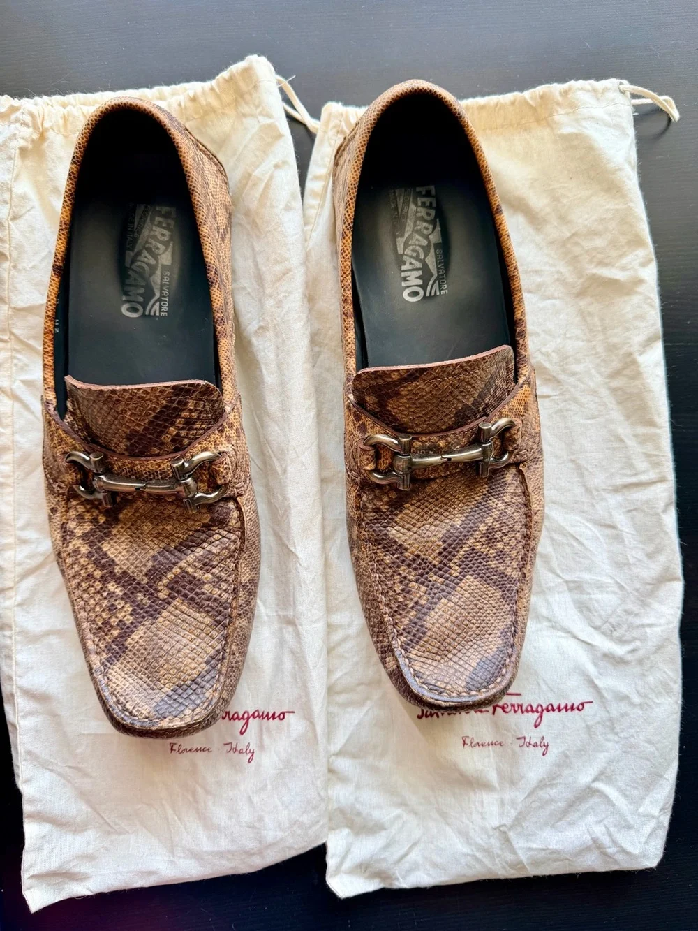 Salvatore Ferragamo Tan/Brown Snake-Print Leather Bit Loafers